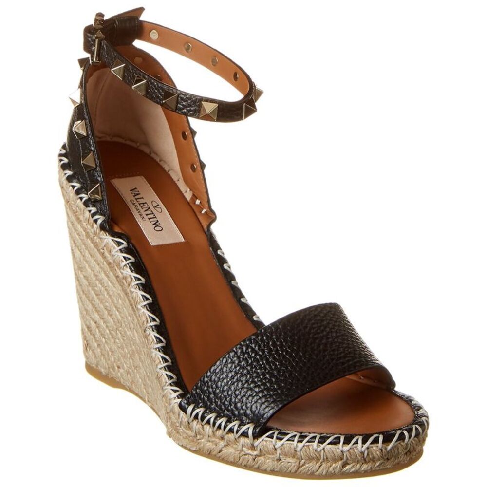 Valentino Rockstud 100 Grainy Leather Wedge Sandal, Black